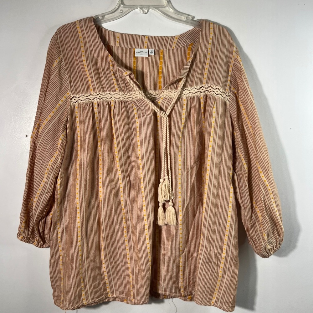 New Directions Curvy Peasant‎ Blouse 1X Terracotta Striped Tassel Lace Boho Top